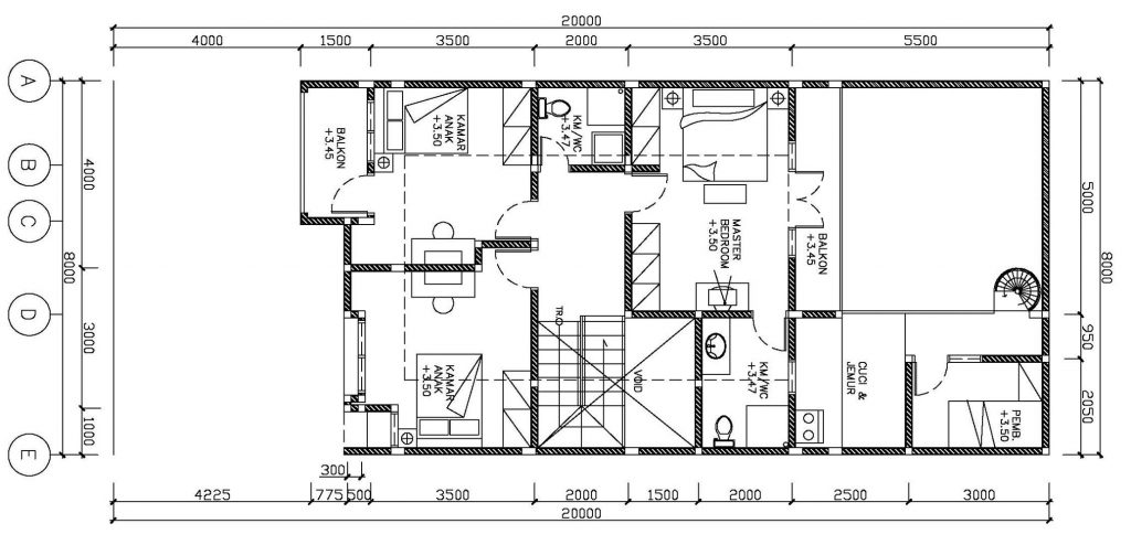 Denah Lantai 2 rumah minimalis dengan ukuran tanah 8 x 20 di Citragran Cibubur